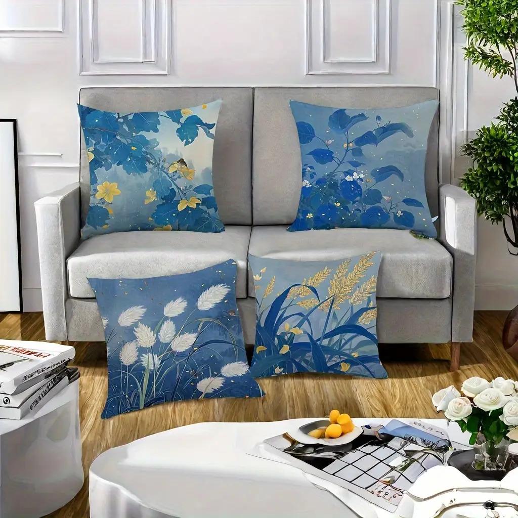 Serene Blue Botanical Pillow Covers, Chinese Ink Wash Floral Grass Art Throw Pillow Cases, Calming Zen Home Decor Cushion Covers