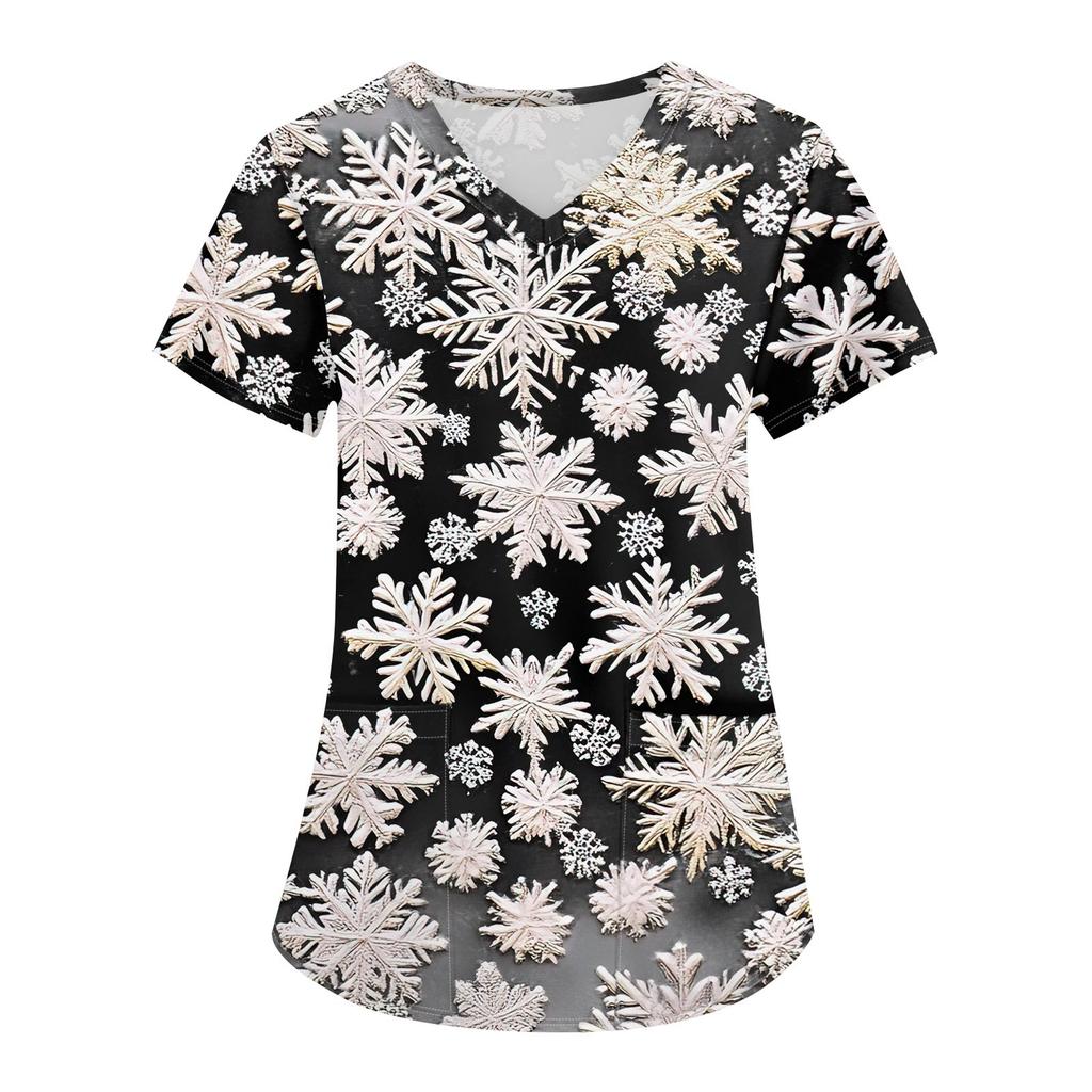 Женская мода с v-образным вырезом, короткими рукавами и карманами, топы с рождественским принтом