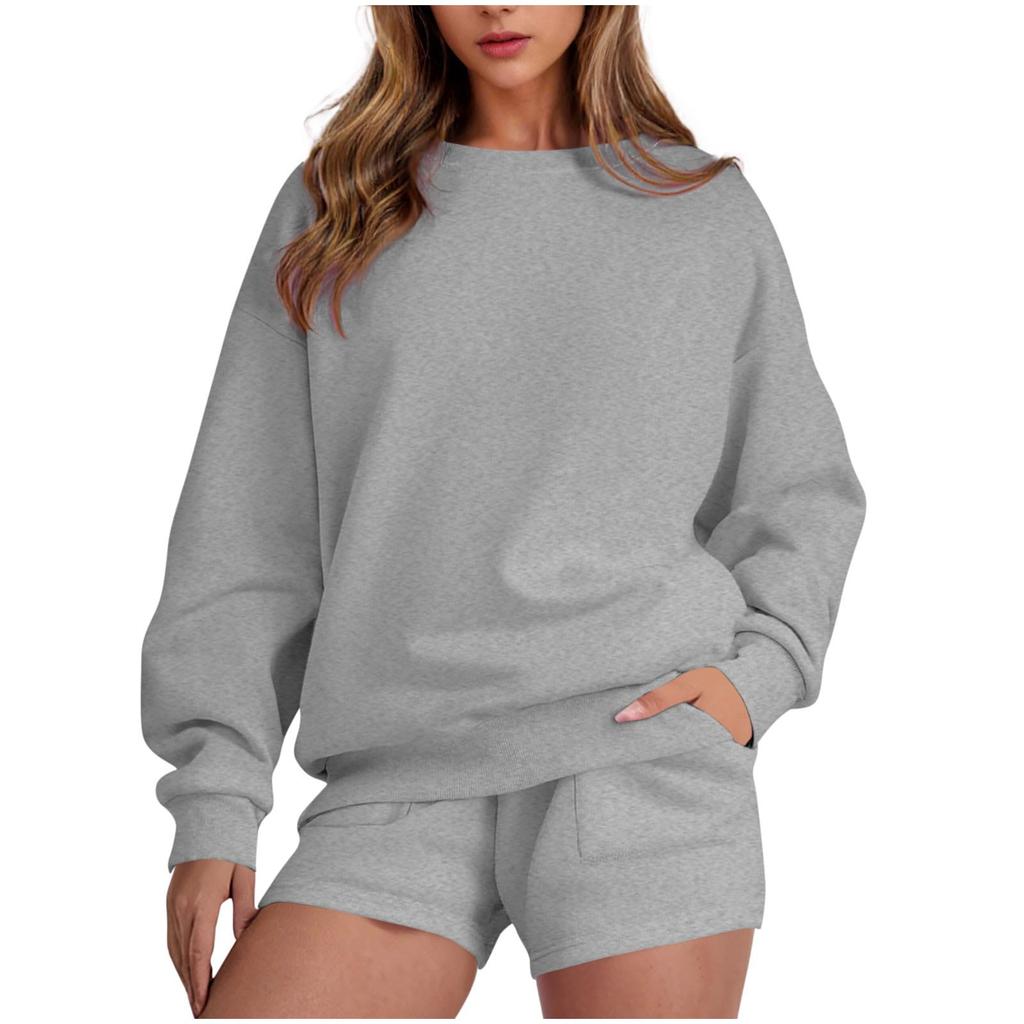 Women's Fashion Sportswear Casual Long-Sleeved Pullover Sweatshirt Drawstring Shorts Set