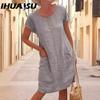 IHUASU Женская мода лето весна однотонный принт О-образный вырез высокая талия повседневные платья