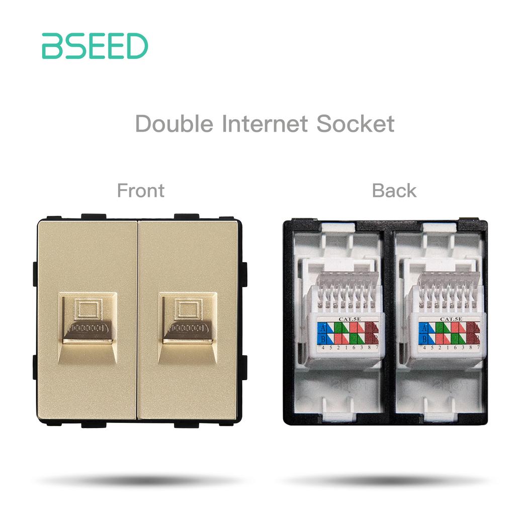 BSEED DIY EU Standard TV Satellite USB Sockets Button Switches With Crystal Glass Frame Panel Gold Home Improvement DIY Free