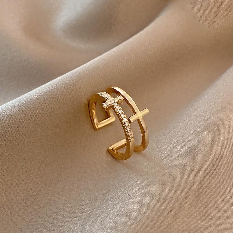 Double-Layer Cross Zircon Ring For Women Gold Silver Adjustable Finger Rings Bling Korean Elegant Jewelry Gift