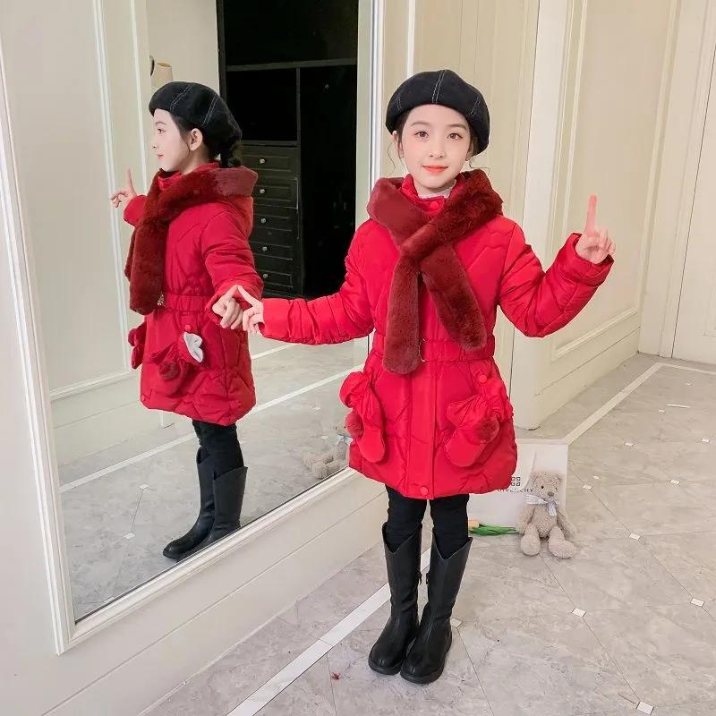 Зимняя верхняя одежда для детей среднего и большого размера, куртка для девочек с меховым воротником, сохраняющая тепло, пальто принцессы с капюшоном на молнии, верхняя одежда для девочек, детская одежда
