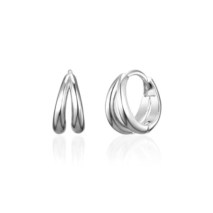 Серьги-кольца из серебра 925 пробы, дуга, двойная линия, с застежкой one-touch