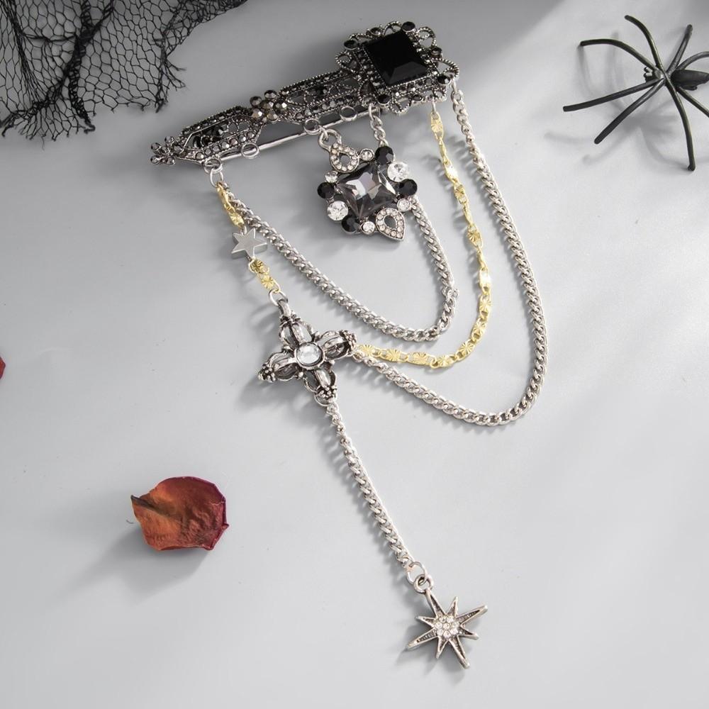 Multi Layer Cross Brooch Black Gem Rhinestone Brooch Exquisite Chain Tassel Brooch Gothic Party