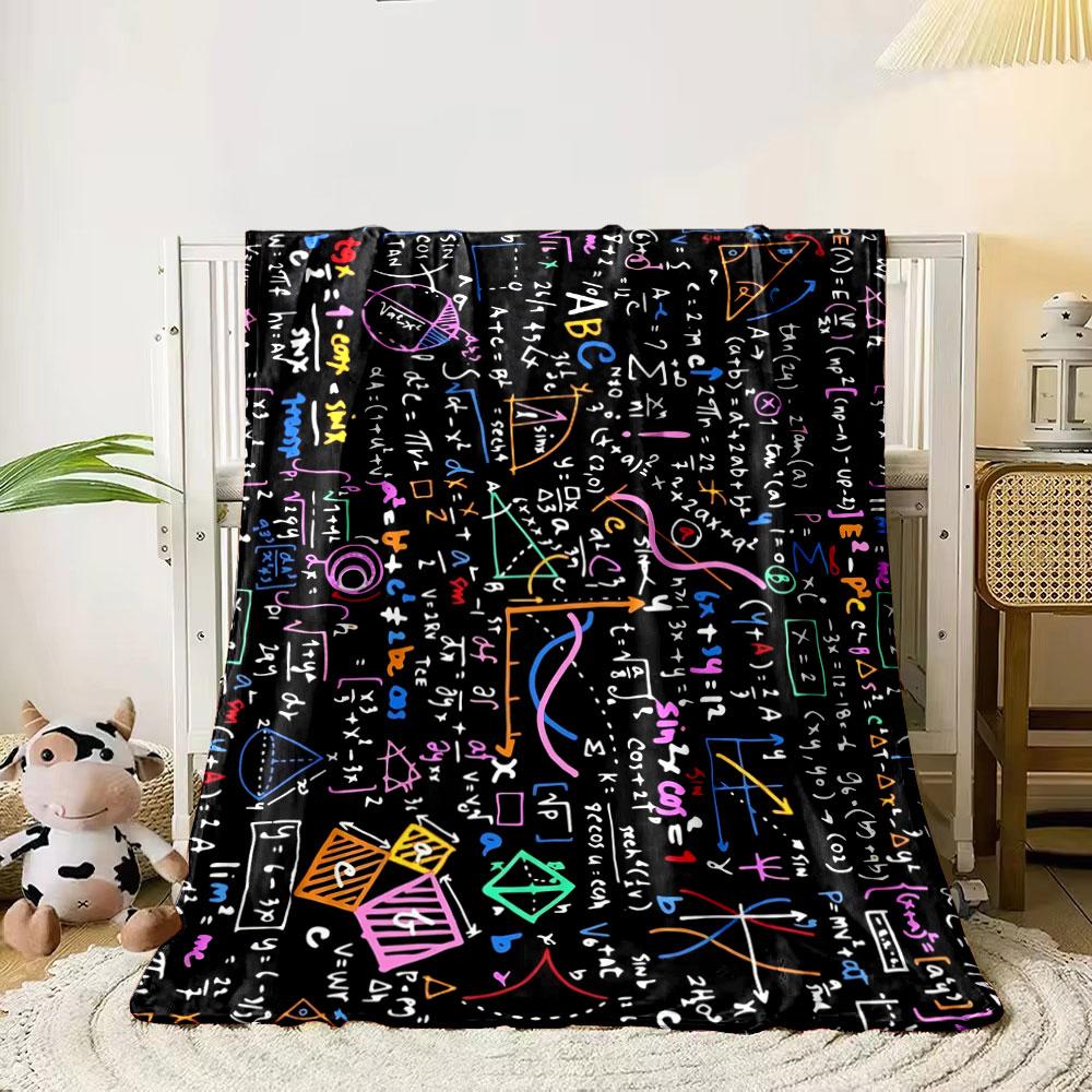 Colorful mathematical formulas, geometric shapes, and graphs on a black background. for all seasons blanket lunch break throw gift