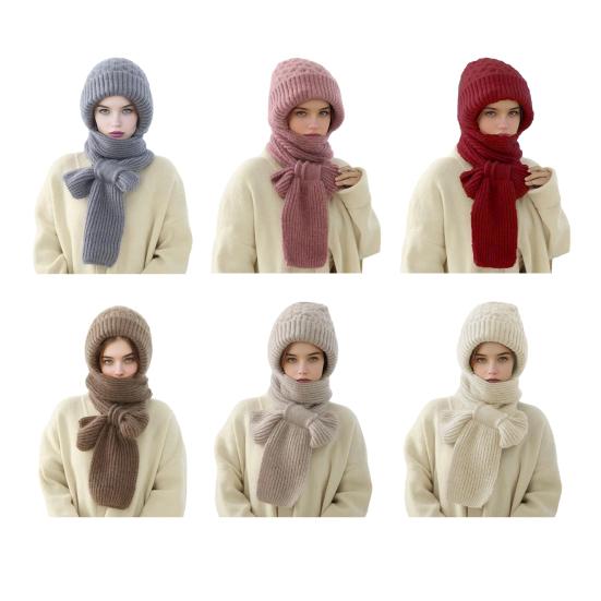 Winter Knit Hat with Integrated Scarf Solid Color Thickened Velvet Women Hat Long Scarf Set Cold Weather Headwear