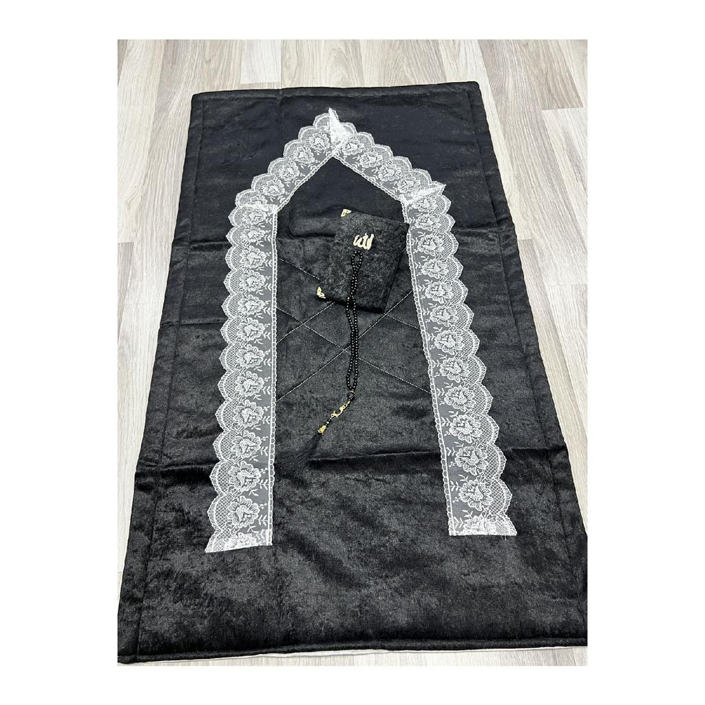 3 Piece French Guipure Embroidered Velvet Dowry Bridal Set Prayer Rug