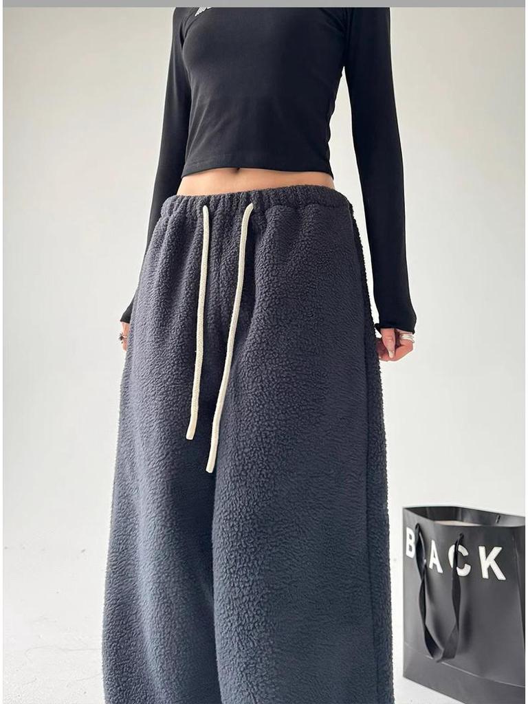 Женские плюшевые флисовые брюки с широкими штанинами - Высокая посадка, Свободный крой, Утепленные для зимы 2025