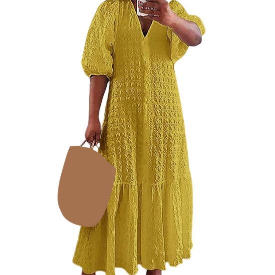 Женское летнее платье с V-образным вырезом и половиной рукавов, сплошной цвет, свободное трапециевидное лоскутное платье с рюшами до щиколотки, однобортное пляжное платье макси больших размеров