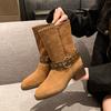Женские ботинки на меху осень 2025 новые ковбойские сапоги в западном стиле ретро сапоги средней высоты модные сапоги квадратный носок короткие сапоги пряжка ремня