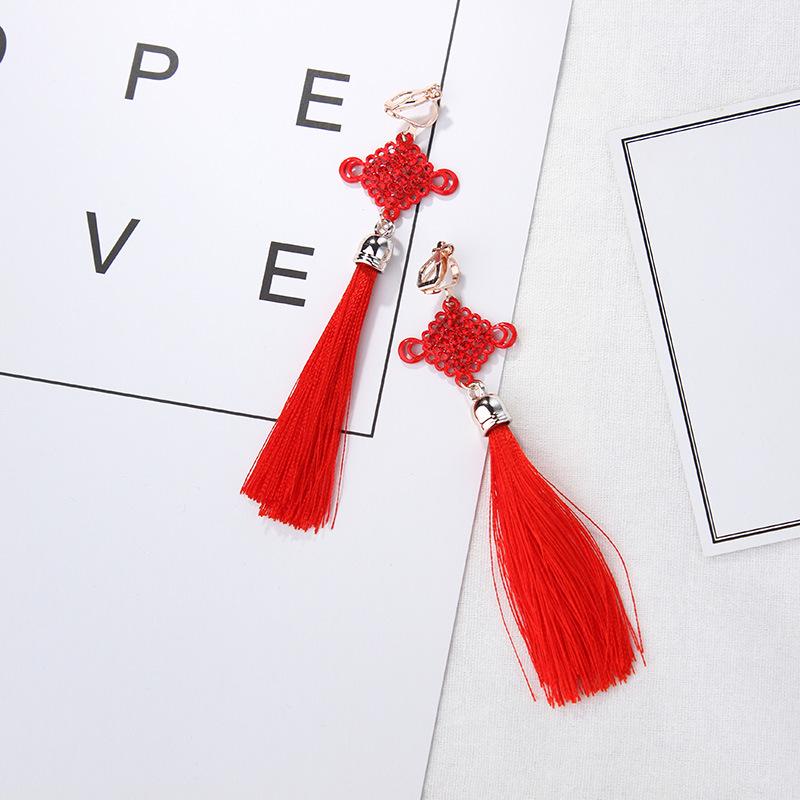 Серьги-клипсы в древнем стиле ханьфу с красными кисточками и узлом для непроколотых ушей — свадебный китайский ретро-дизайн