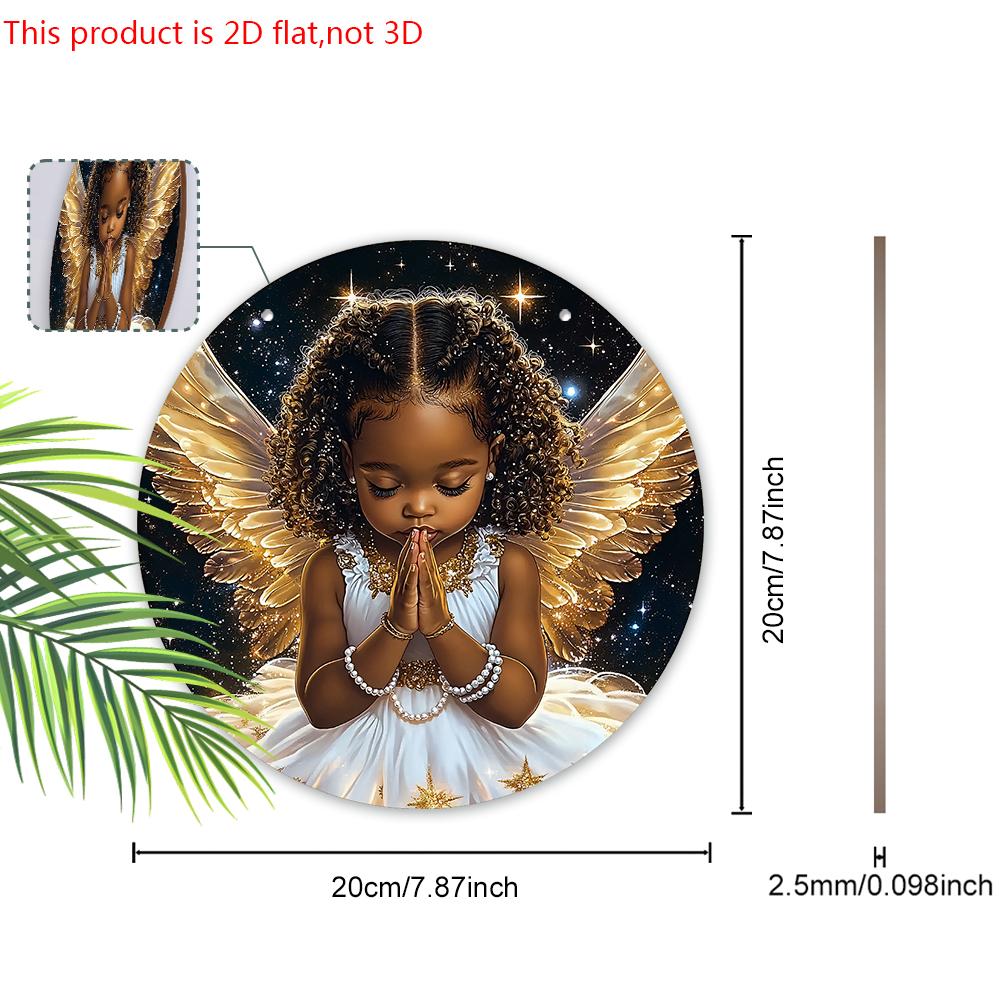 Деревянная табличка «Черный ангел с золотыми крыльями» - Круглая табличка «Ангел» для декора на дверь или стену - Идеальное домашнее подвесное украшение