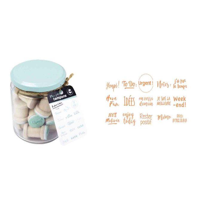 MégaCréa DIY - Tampon en bois Mots du quotidien 1,8 cm bocal 15 pièces