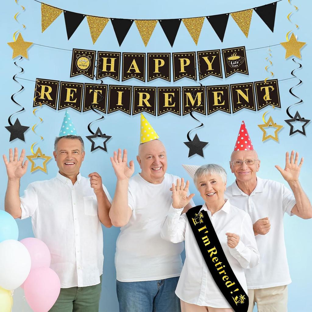 Retirement Party Decorations Black and Gold Happy Retirement Banner Gold Glitter Pennant Flag Banner Star Hanging Swirls and Sash Retired Party