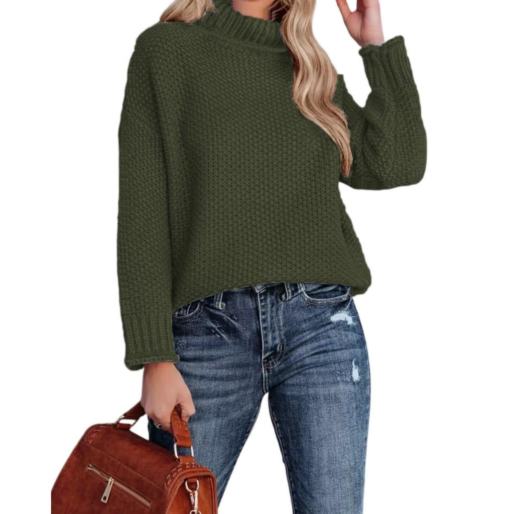Модный женский вязаный свитер с высоким воротником, длинными рукавами и подвернутым краем
