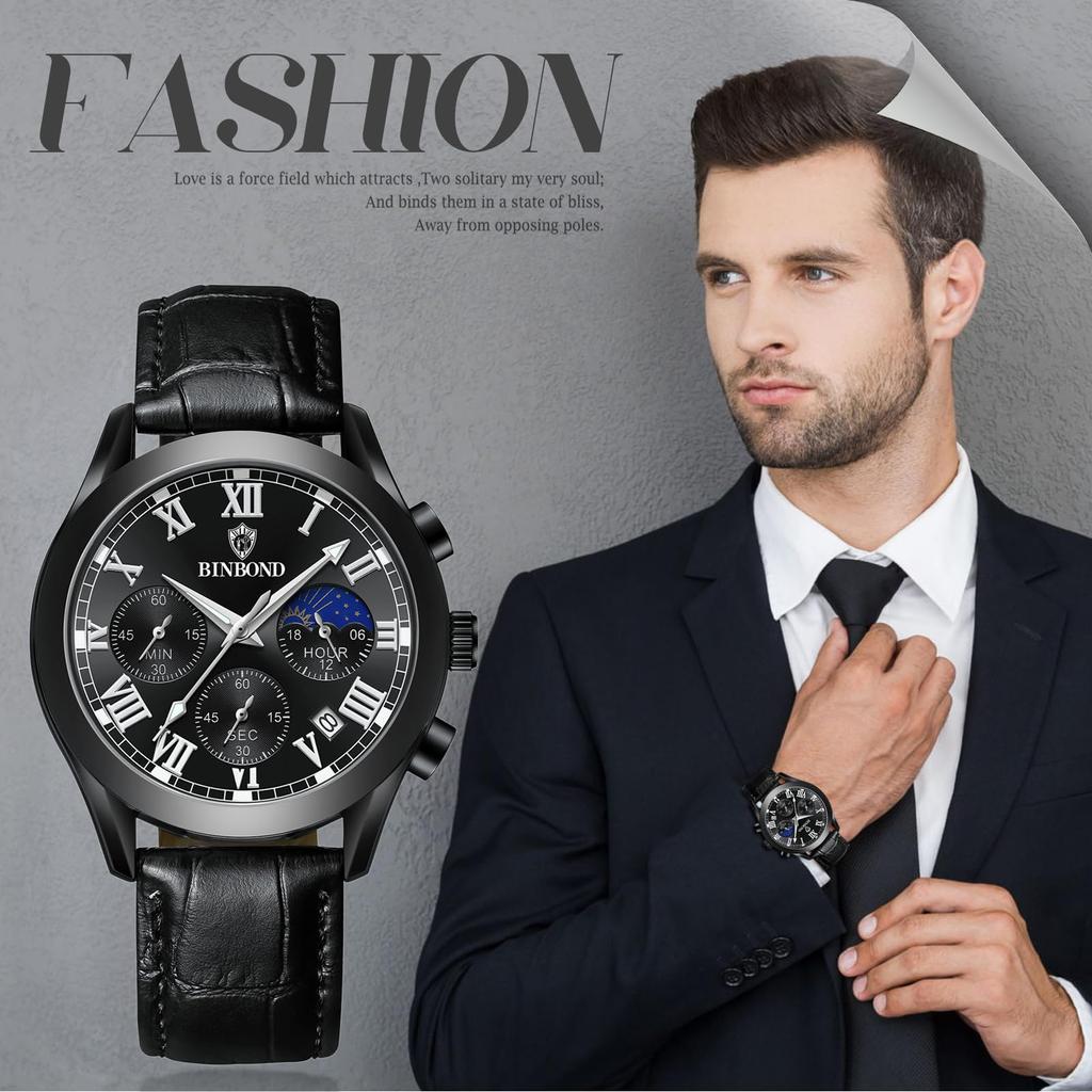 Genuine Leather Strap Calendar Roman Alphabet Luminous Analog Starry Sky Waterproof Leather Belt Simple Stylish Quartz Black Fashion Accessories