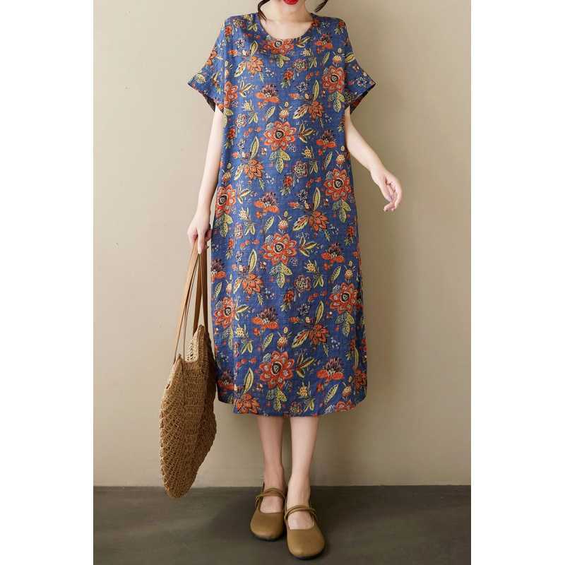 Летнее тонкое хлопково-льняное ретро платье средней длины с женственным темпераментом