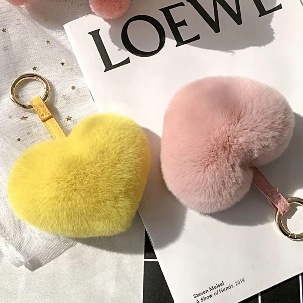 Rex Rabbit Fur Heart Fluffy Fur Keychain Cartoon Design Heart Plush Pendant Bag Decoration