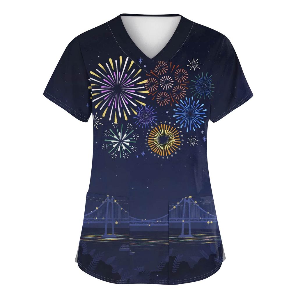 Женские модные топы с короткими рукавами и V-образным вырезом с принтом, рабочие футболки с карманами