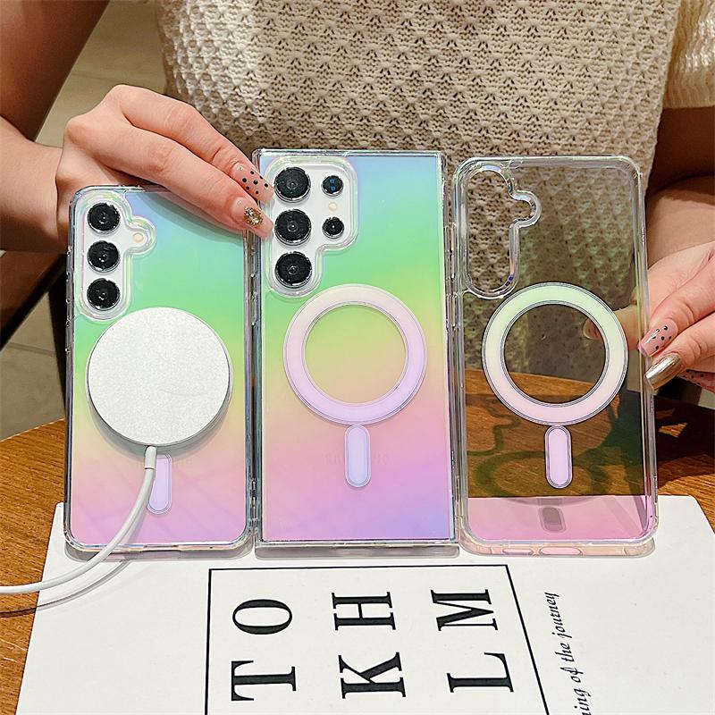Laser Gradient For Magsafe Wireless Charge Magnetic Case For Samsung S25 S24 S22 S21 Plus S23 FE Ultra Shockproof Clear Cover