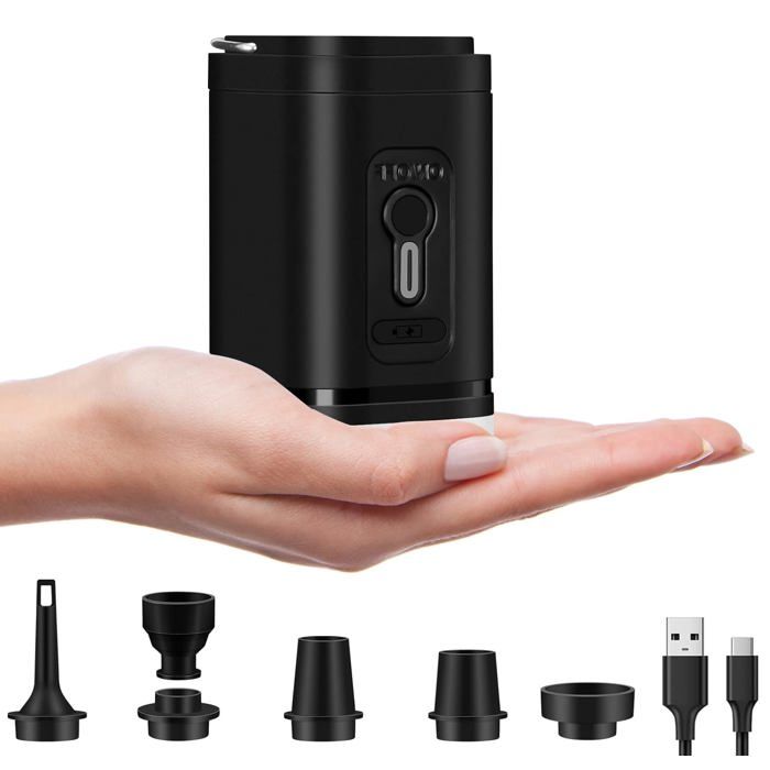 Pompe à air électrique - AIMOONSA - Mini Pompe à air 2 en 1 - Rechargeable USB - 5 buses - LED camping, 100 g