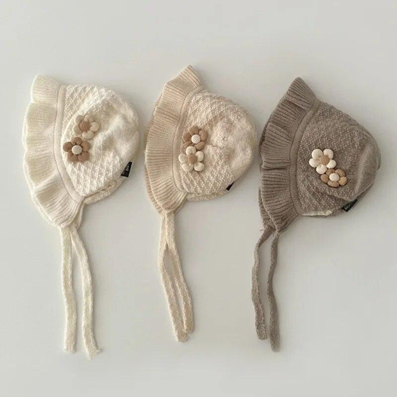 Baby Knitted Hat with Rope Retro Flower Beanie Cap for Girls Handmade Weave Infant Bonnet Winter Earflaps Caps Kids Accessories