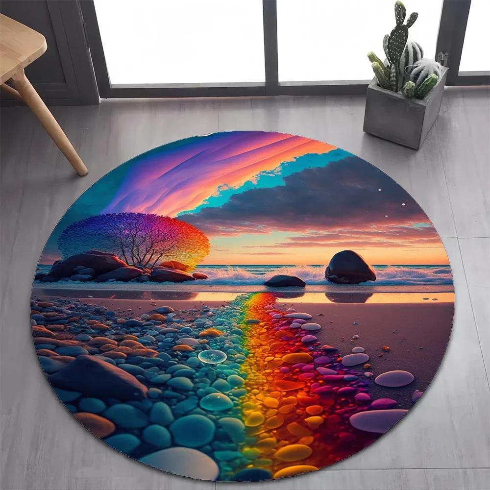 2025 New Style Colorful Rainbow Pebble Road Beach Stone Round Carpet Rug for Bedroom Living Room Decoration,pet Decor Floor Mat