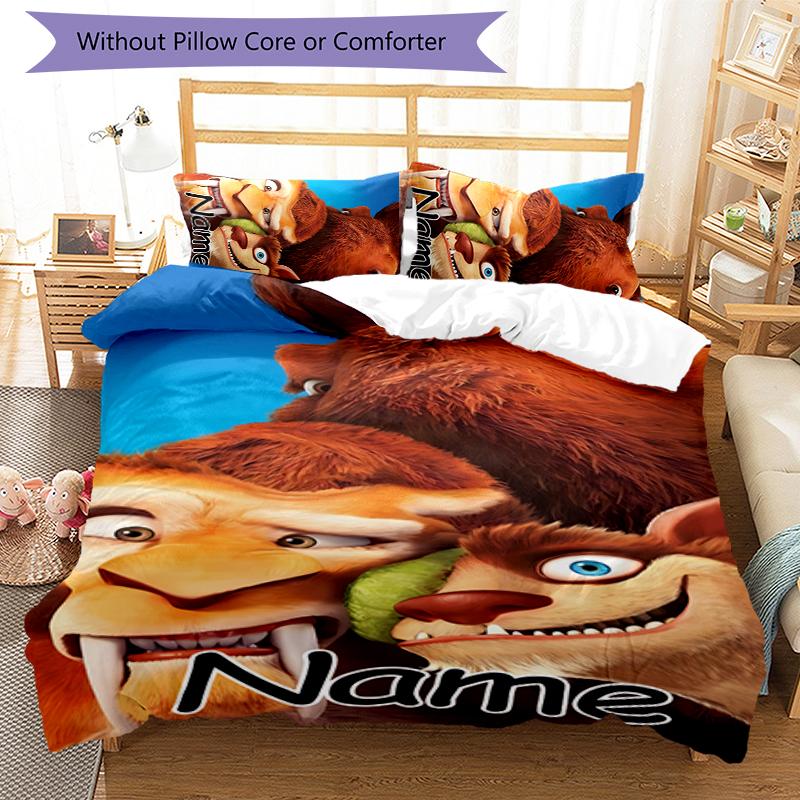 3pcs Custom Name Cartoon Ice Age Dawn of the Dinosaurs Bedding Set Duvet Cover Closure Includes 1 Duvet Cover & 2 Pillowcases for All Seasons Bedroom