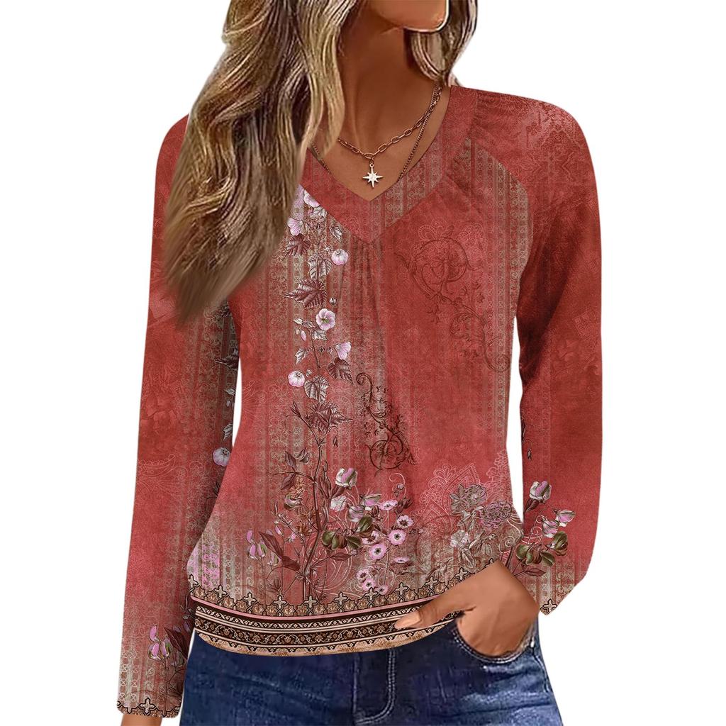 Женский повседневный модный топ с V-образным вырезом, регланом, плиссировкой, ретро-принтом и длинным рукавом