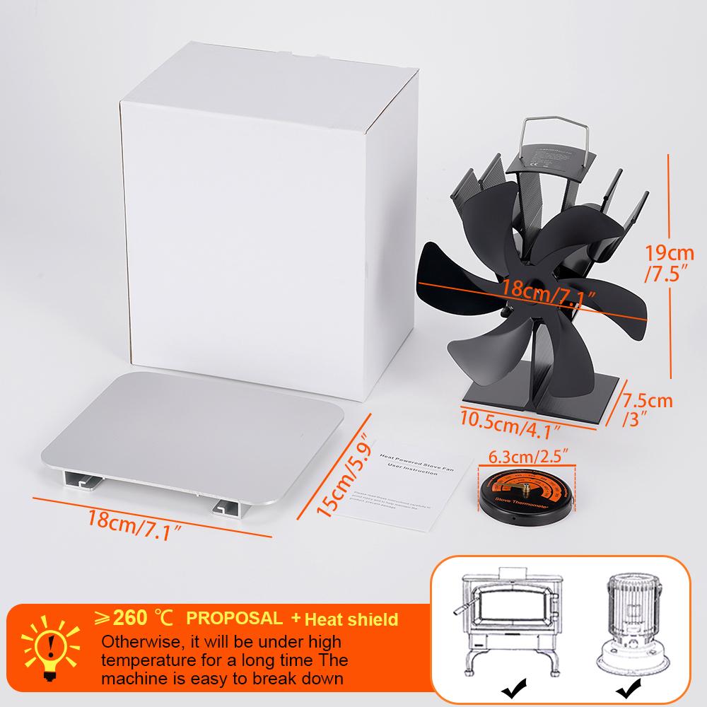 6-лопастной вентилятор для печи с подогревом, дровяная горелка, экологически чистый вентилятор, тихий каминный вентилятор, теплый зимний обогреватель для дома, эффективное распределение тепла