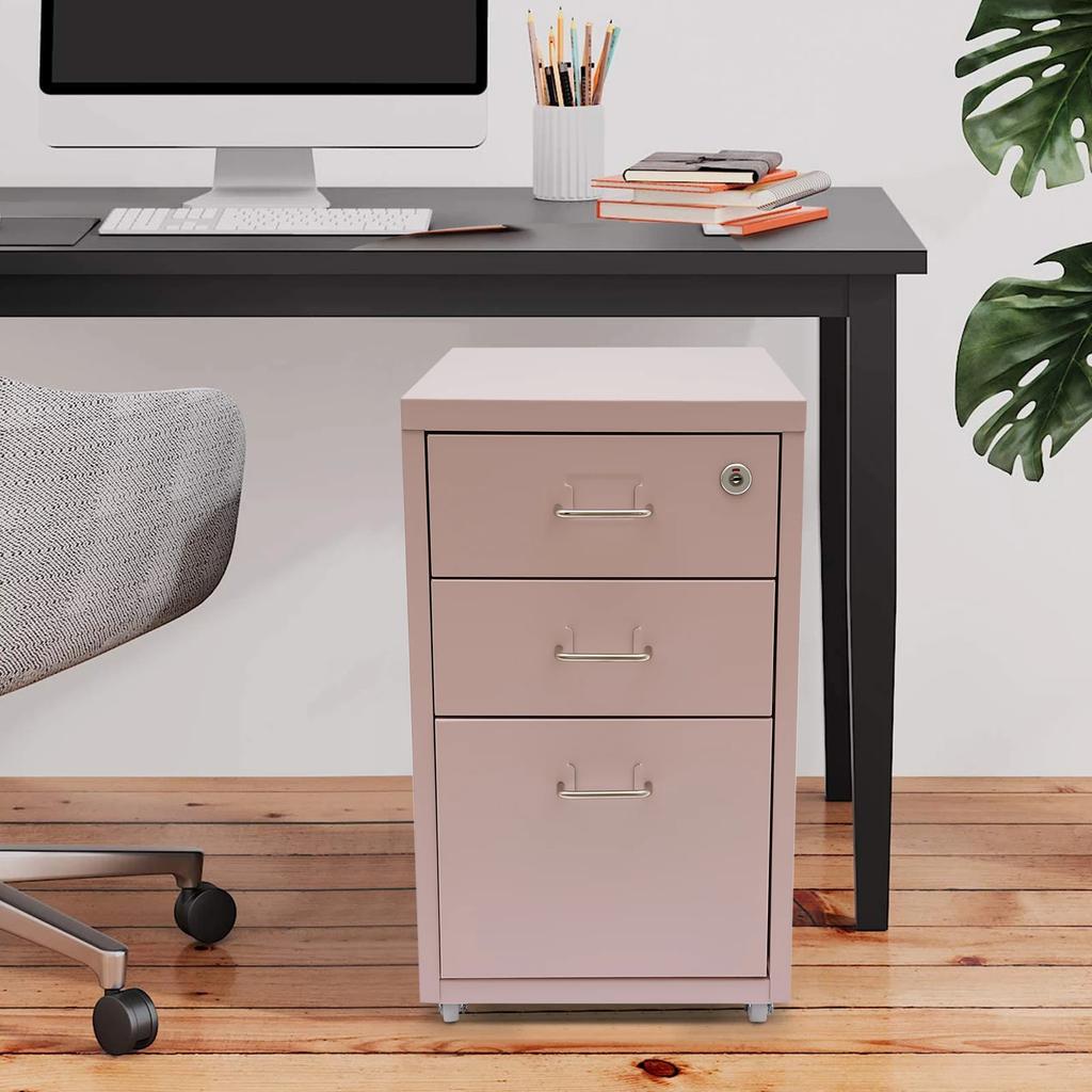 3 Drawer Vertical File Cabinet, Metal Filing Cabinets with Lock, Pink for Home Office, Heavy Duty Metal Storage Cabinet