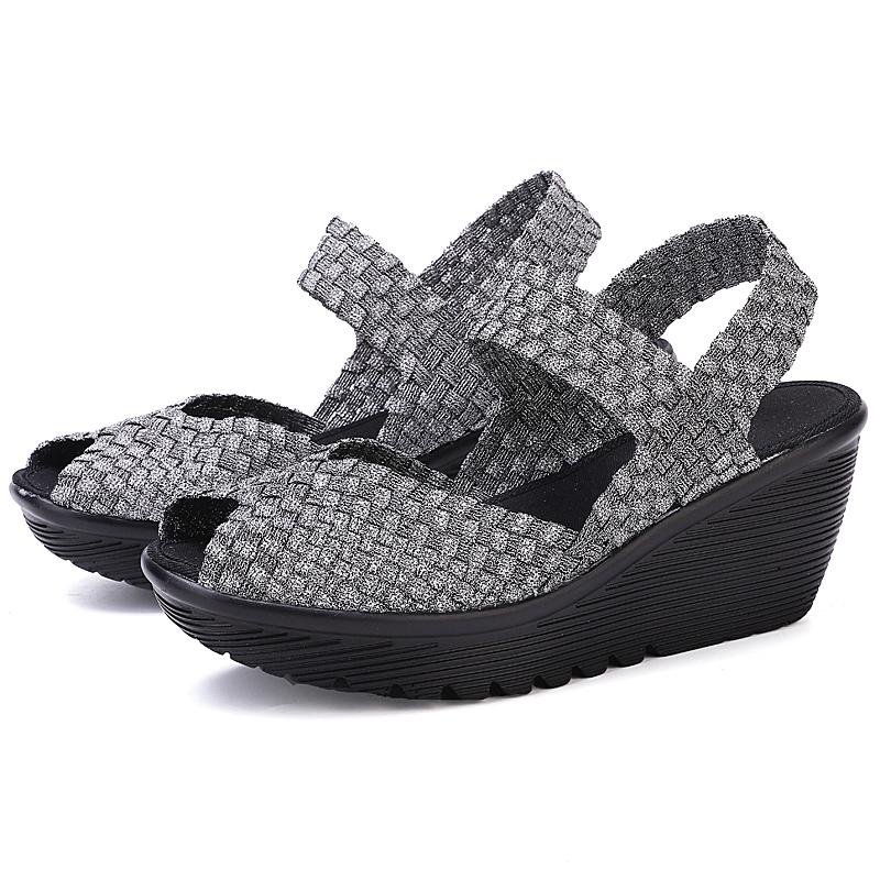 Женские летние сандалии на танкетке, увеличивающие рост, плетеные, пляжные, женские сандалии на танкетке, серые, на платформе, с открытым носком