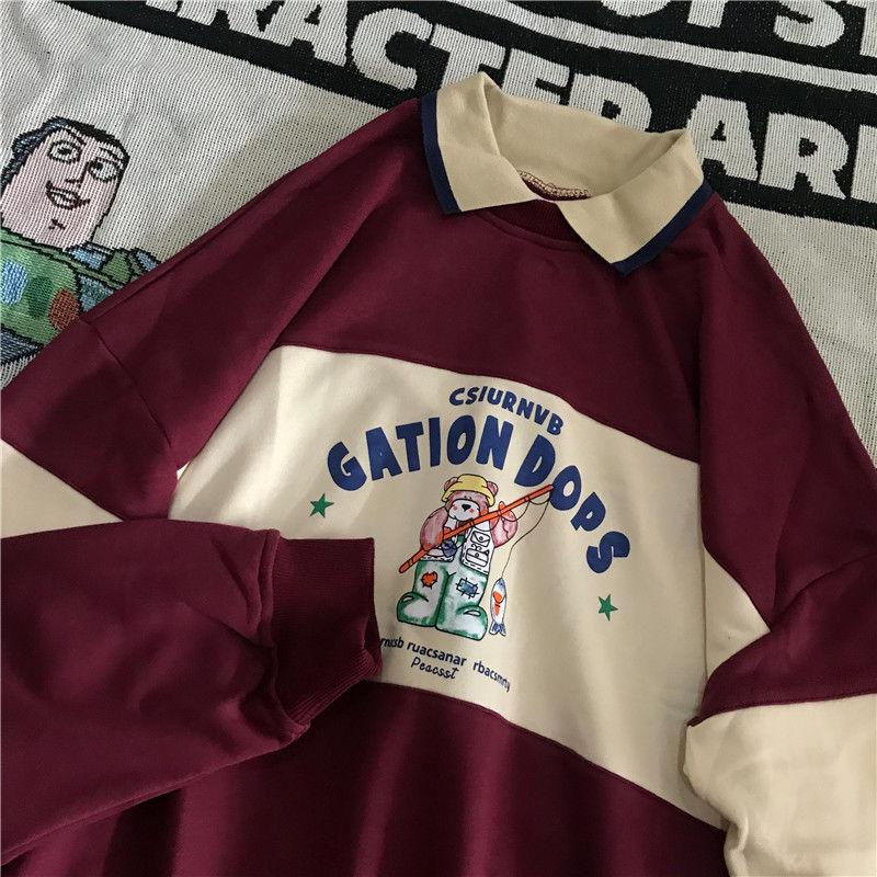 2025 Новый американский ретро-свитер с круглым вырезом, японский свободный свитер с принтом медведя и буквами, воротник-поло, топ-пуловер