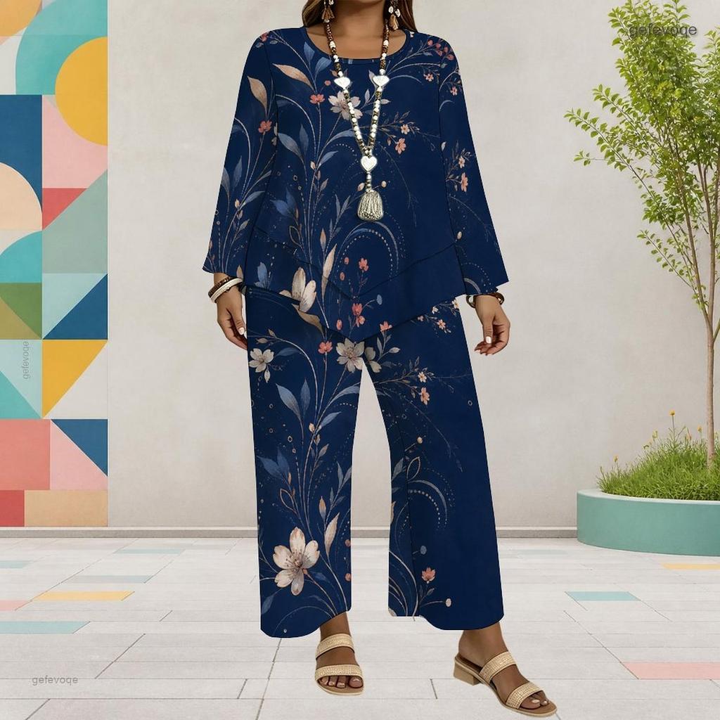 Women Plus Size Two Piece Pants Set Round Neck Long Sleeve Printed Dark Blue Layered Top Wide Leg Pants