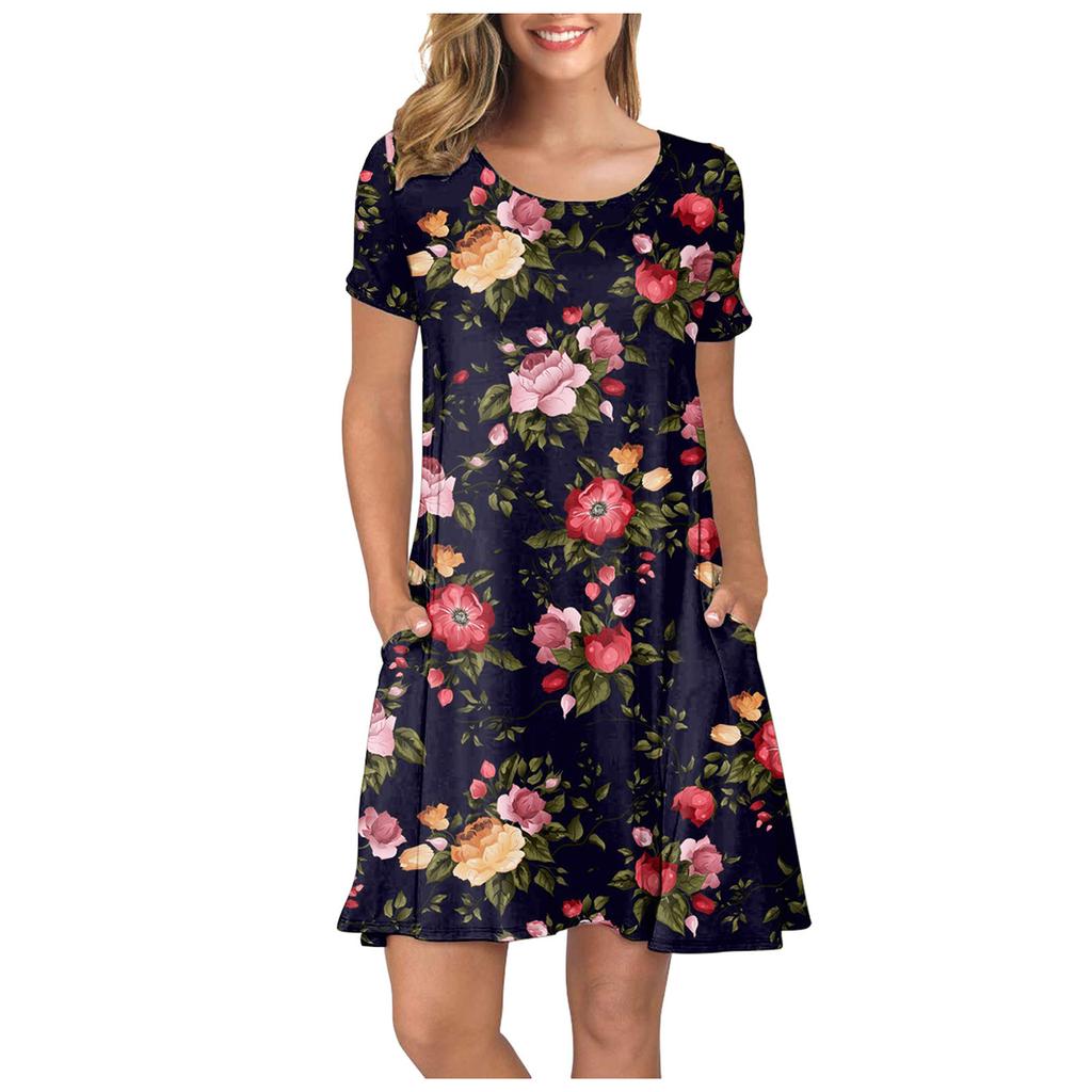Women Summer Short Sleeve Flower Printed Pockets Sundress Casual Swing Dress