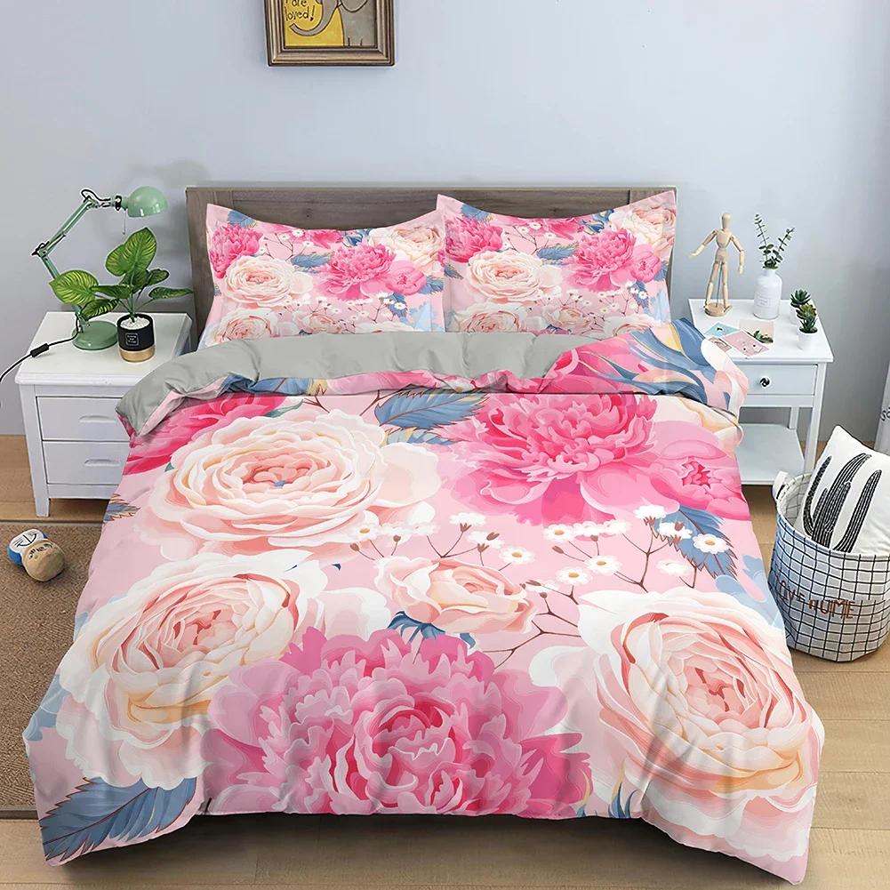 3D Rose Flower Duvet Cover Queen King Double Bedding Set 2/3pcs Quilt Cover with Zipper Closure King Size Polyester Quilt Cover