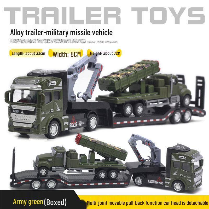 Alloy Double-Layer Pull-Back Military Truck Model with Flatbed Trailer
