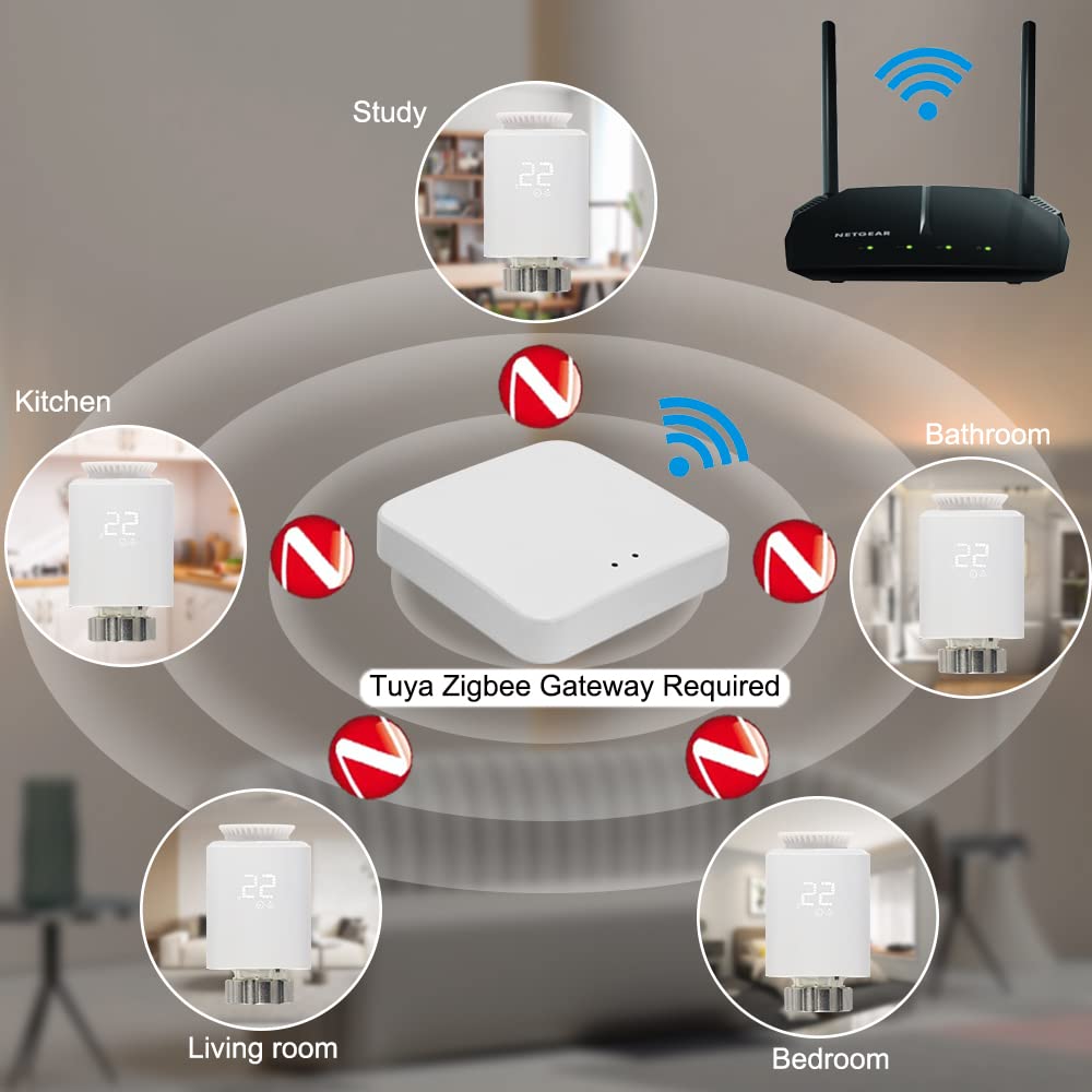 Ketotek Умный термостатический клапан радиатора TRV WiFi Zigbee Стартовый комплект с хабом, Совместим с Alexa, Управление через приложение Smart Life/Tuya