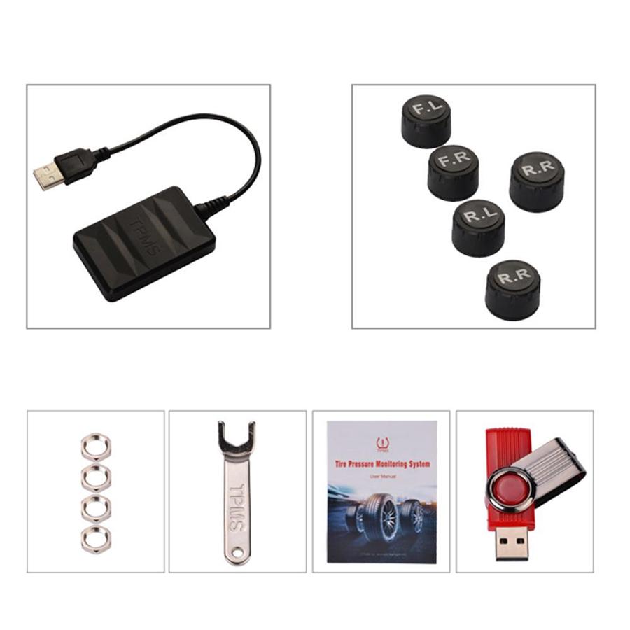 Android TPMS для автомобильного радио DVD-плеера Система контроля давления в шинах Запасное колесо Внешние 5 датчиков Отображение в реальном времени USB TMPS