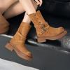 Vintage Western Cowboy Boots Wasteland Wind Grey Straight Thick Heel Fashion Boots Medium High Martin Boots Women