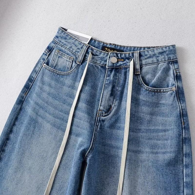 High Waist Drawstring Wide Leg Jeans Loose Straight Vintage Wash Denim Pants Women