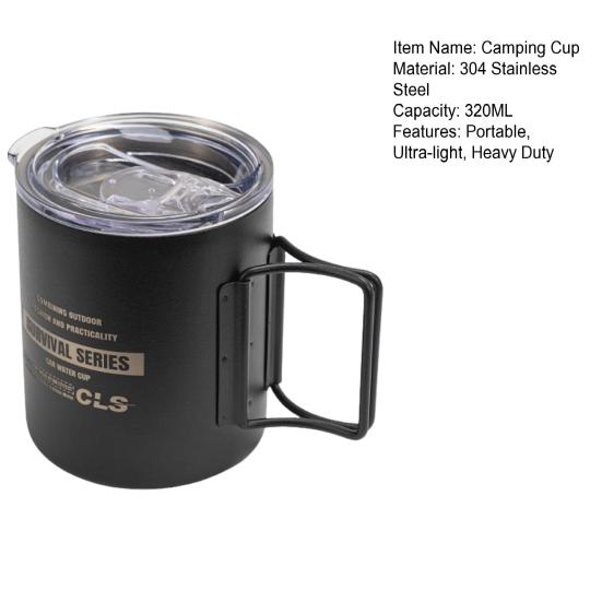 320ML Stainless Steel Camping Cup with Foldable Handle Double Layers Outdoor Travel Picnic Tea Milk Beer Milk Mug Insulated Metal Drinking Cup