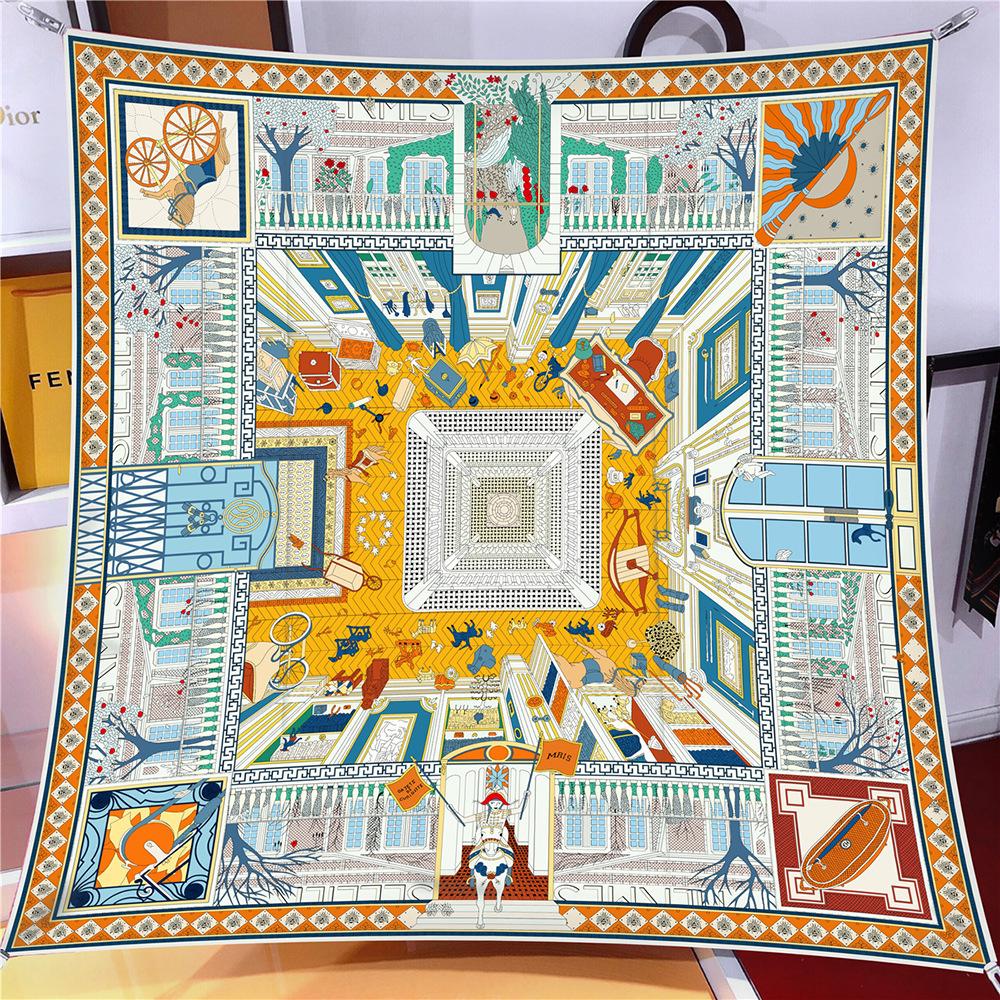 New Design Shawl Palace Printed Silk Scarf 90cm Square Scarves Lady Wraps Kerchief Woman Neck Shawl Wraps Echarpes