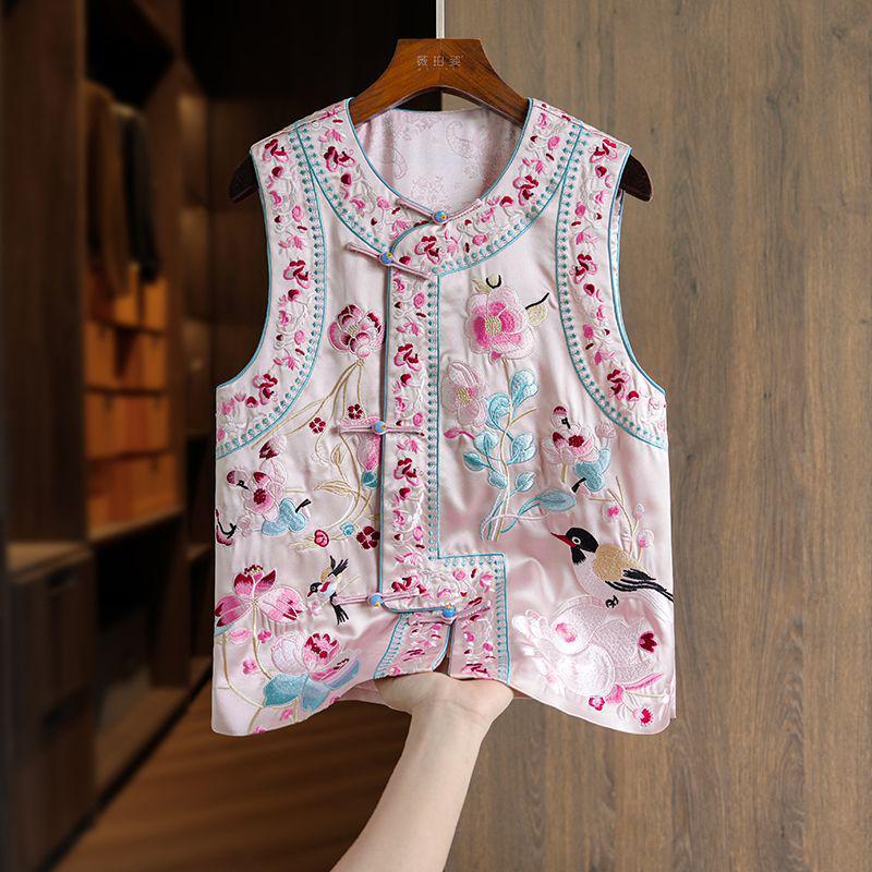 Женский ретро кардиган без рукавов: Китайский стиль с обильной вышивкой и застежкой-лягушкой - Универсальный весенне-осенний жилет