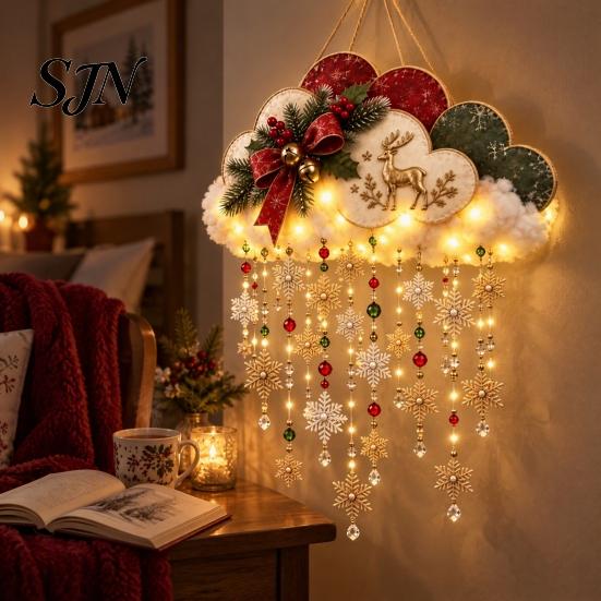 Snow Theme Wall Decor Vintage Lighted Christmas Snowfall Cloud, Cascading Snowflake Light with Reindeer/Angel, Holiday Gift for Home LED Hanging