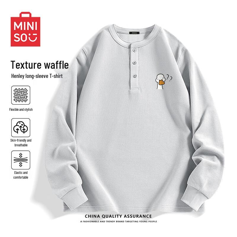 MINISO Men's Waffle Knit Henley Long Sleeve T-Shirt