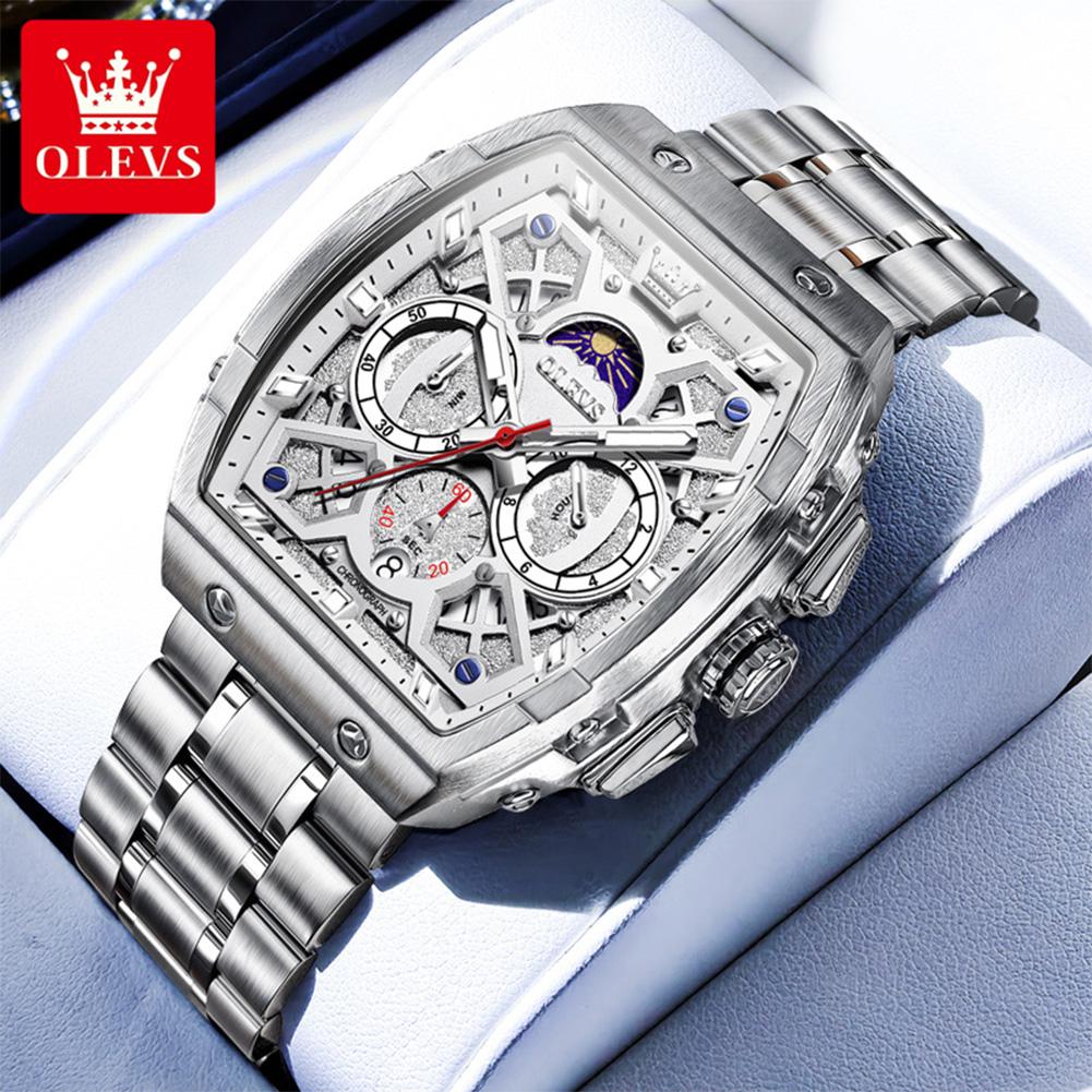 OLEVS Mens Chronograph Watch Original Tonneau Quartz Watch Waterproof Luminous Stainless Steel Watches For Men
