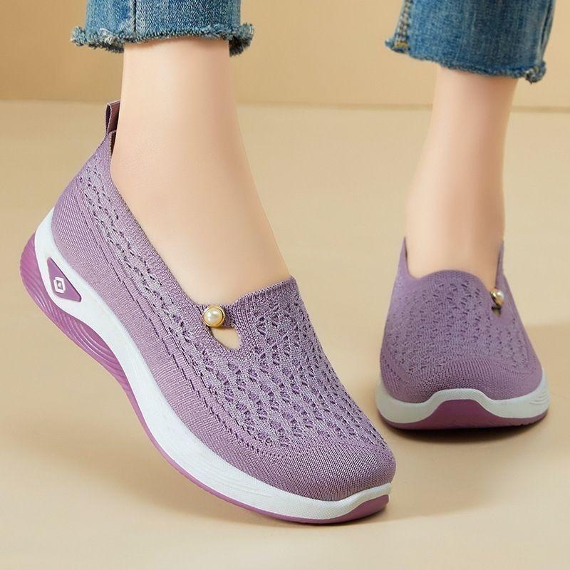 Новые летние ажурные женские туфли из ткани, нескользящие, сетчатые, дышащие, повседневные туфли для людей среднего и пожилого возраста