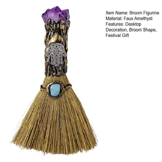 Halloween Faux Amethyst Broom Figurine Handmade Healing Stone Fake Crystal Mini Witch